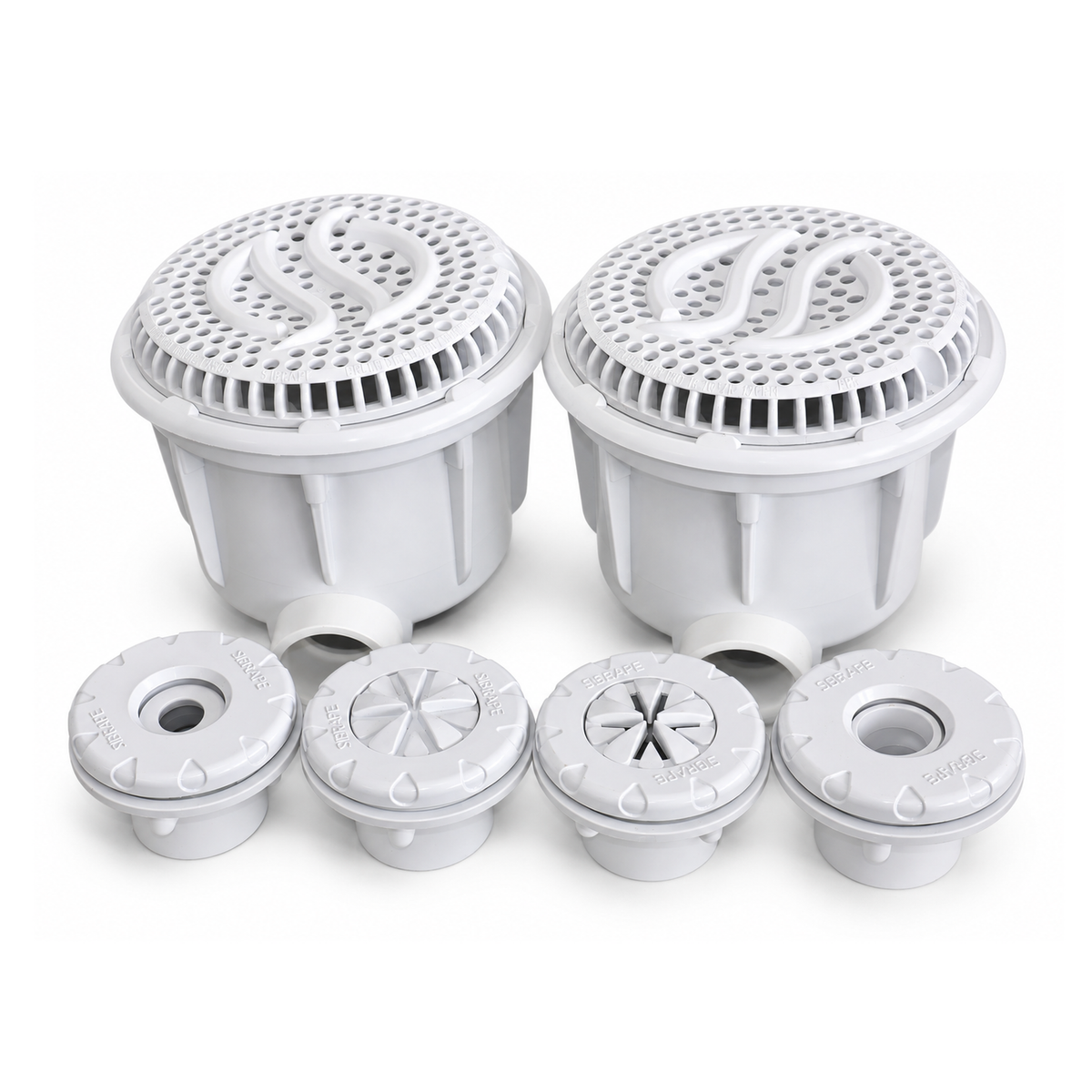 Kit dreno duplo SIBRAPE branco em perspectiva frontal, exibindo duas grelhas perfuradas e quatro dispositivos circulares.