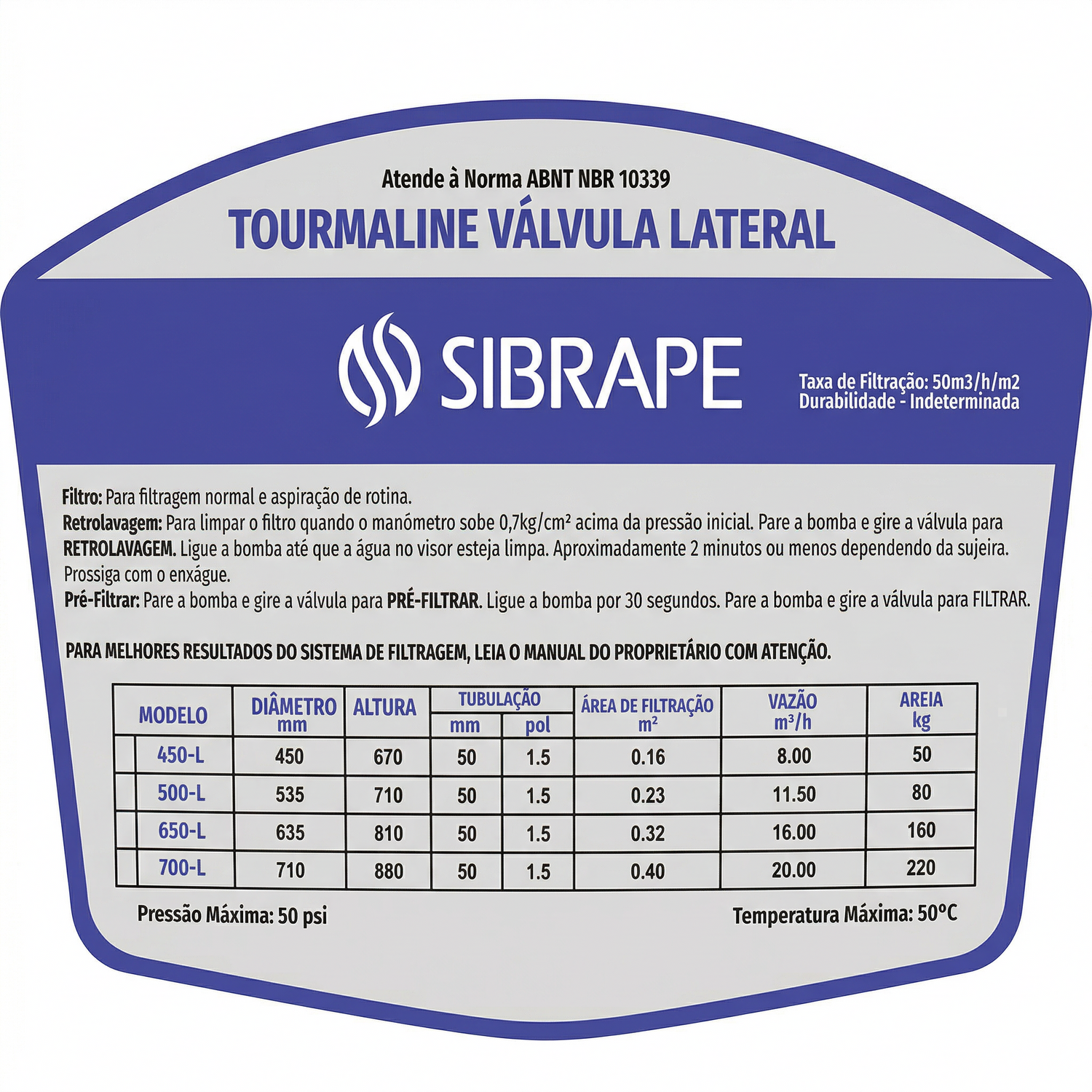 Filtro c/ Válvula Lateral Tourmaline L650 - Detalhe Técnico - Sibrape