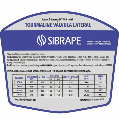 Filtro c/ Válvula Lateral Tourmaline L650 - Detalhe Técnico - Sibrape