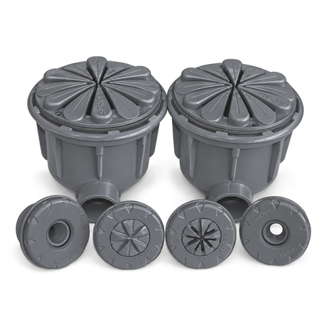 Kit dreno duplo Anti-Hair SIBRAPE cinza em vista frontal, com dois corpos de dreno lado a lado e quatro acabamentos circulares.