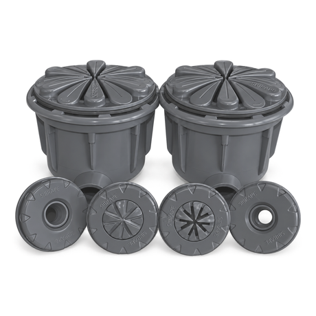 Kit dreno duplo Anti-Hair SIBRAPE na cor cinza, com dois drenos lado a lado e quatro dispositivos de acabamento circulares.