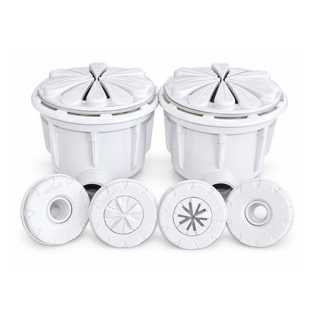 Kit dreno duplo Anti-Hair SIBRAPE branco em perspectiva lateral, mostrando dois corpos de dreno e quatro peças circulares