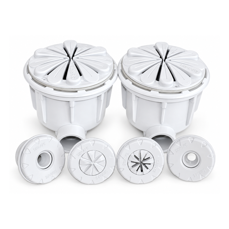 Kit dreno duplo Anti-Hair SIBRAPE branco em vista frontal, com dois corpos de dreno e quatro dispositivos circulares.