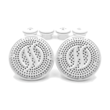 Duas grelhas perfuradas do kit dreno duplo SIBRAPE branco, com quatro dispositivos circulares ao fundo.