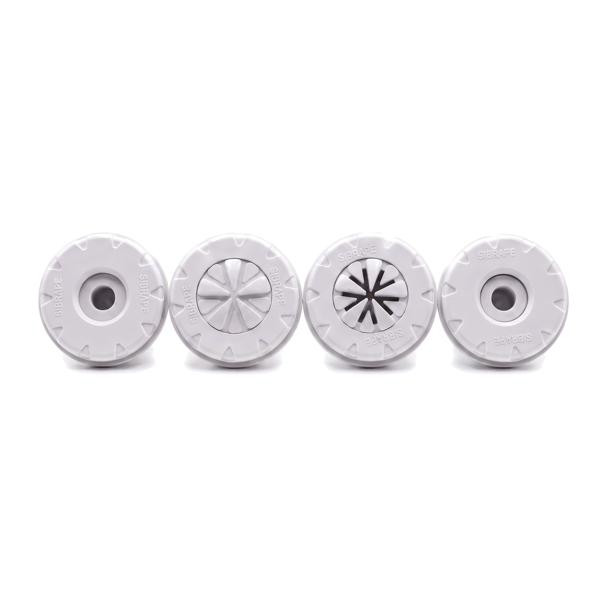 Quatro dispositivos circulares brancos SIBRAPE alinhados, com aberturas centrais e grelhas de aletas para piscina