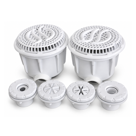 Kit dreno duplo SIBRAPE branco em perspectiva frontal, exibindo duas grelhas perfuradas e quatro dispositivos circulares.