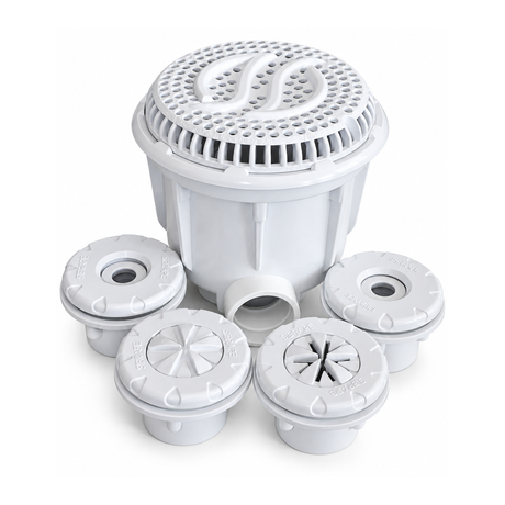 Kit dreno de fundo SIBRAPE branco em perspectiva frontal, com grelha circular perfurada e quatro dispositivos para piscina.